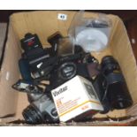 Box of assorted cameras and photographic equipment including Leica & Pentax