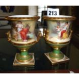 Pair of 19th c. Vienna hand-painted porcelain miniature urns