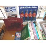 Books on vintage toys, including tinplate toy soldiers, German toys etc (one shelf)