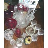 Assorted cut-glass tankards and glasses, and a set of four ruby champagne coupes with twisted stems