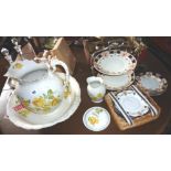 Yellow rose patterned wash bowl & jug, Clifton china plates, cake stand etc