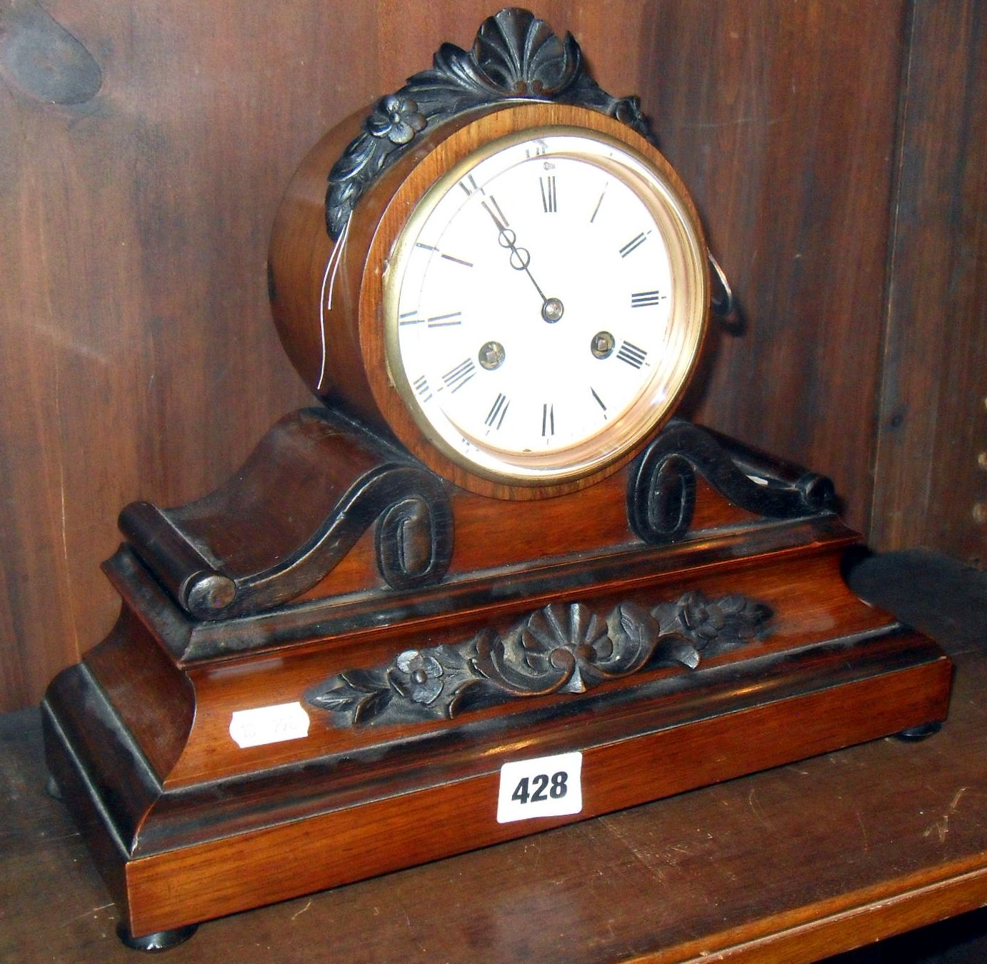 Victorian mahogany mantle clock with French movement & white enamel dial marked J. Lacheur,