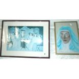 Colour pencil portrait of a nun called "Ann", and a print of 'ladies who lunch"