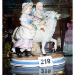 Continental porcelain group of two girls and a ram, 19th c., blue underglaze mark