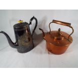 A copper and brass kettle and a plated c