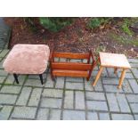 A wooden magazine rack and two footstool