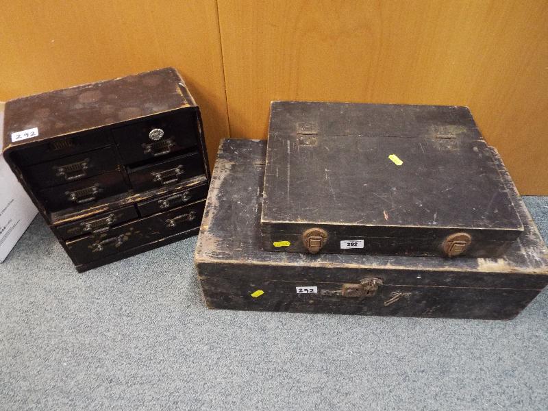 Two hinge lidded wooden boxes and a miniature chest of drawers with drop handles - (3)