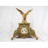 A decorative green onyx cased French mantel clock, Rococo gilded decoration,