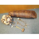 A good mixed lot to include a weaved wicker arrows bag, a wooden gavel,