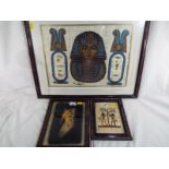 Three hand painted pictures painted on papyrus depicting Egyptian figures, framed under glass,