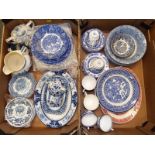 Two boxes containing a large collection of blue and white ceramic tableware to include the Indian