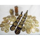 A good collection of horse brasses and a miners safety lamp marked Ferndale Coal and Mining Co