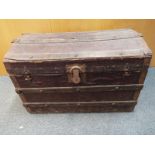 A large lidded wooden pine chest banded with metal 47cm (h) x 75cm (w) x 49cm (d) mounted on