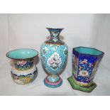 Three enamelled vases decorated on a blue ground (a/f) (3)