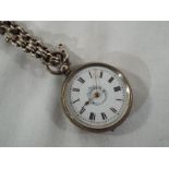 A silver cased pocket watch stamped 800 with white metal chain