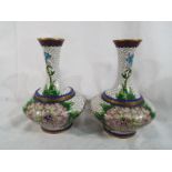 A pair of good quality cloisonne vases with a floral pattern on a white ground 18 cm (h) (2)