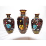 A pair of cloisonne vases and one other