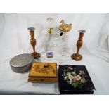 A good collection of boxes and glassware to include paper mache box and duck, candlesticks,