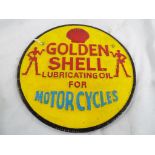 A cast iron advertising plaque entitled Golden Shell Lubricating Oil for Motorcycles 23.5 cm (d).