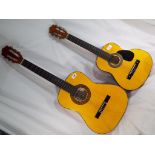 Two practice acoustic guitars, one with internal paper label marked Herald model No.