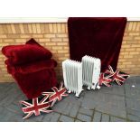 Two electric radiators to include Crown and four large throws and four cushions (qty)