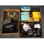 Three boxes of camera equipment to include Canon, Pentax,