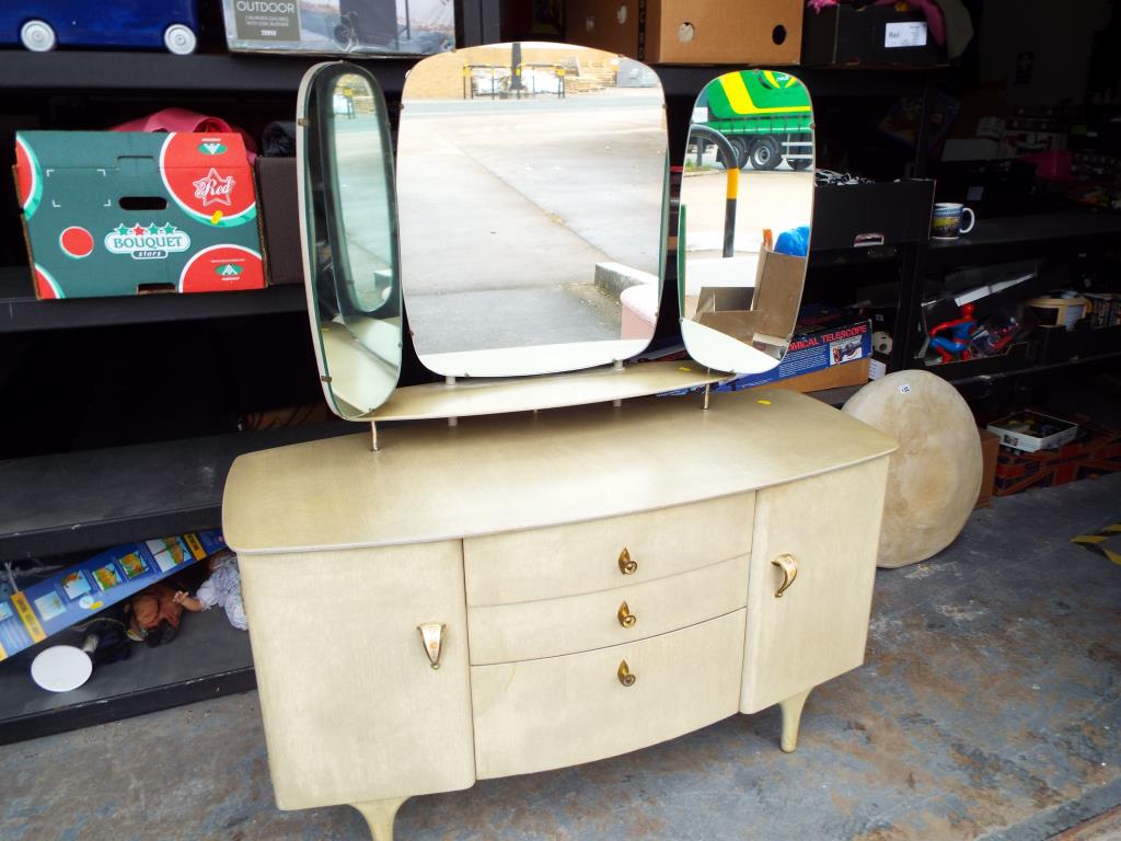 A retro dressing table with matching stool, 140cm x 120cm x 50cm,