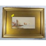 E Jax - a watercolour depicting sailing ships in a harbour signed bottom right,
