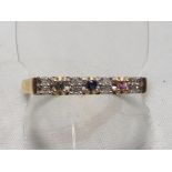 A lady's 9 carat gold hallmarked ring containing three coloured sapphires with a 'Love' pierced