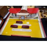 Tudor Toy Co Coach Station of ply and hardwood construction painted red, cream and yellow, vg,