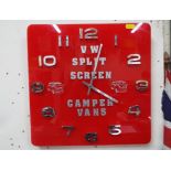 A promotional red wall clock marked VW Split Screen Camper Vans, quartz movement,