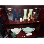 Two shelves containing good quality ceramics and glassware to include a pair of Lovatts ribbed