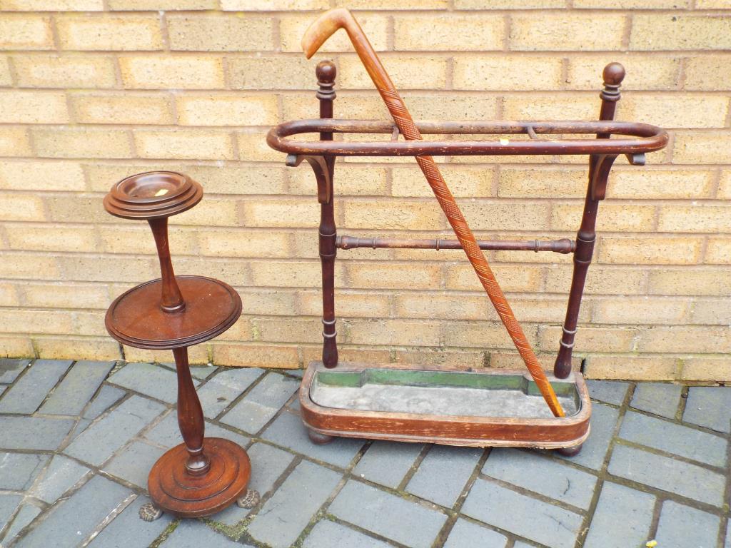 A stick stand with walking stick and a mahogany whatnot - (3)