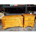 A pine linen chest, 50cm x 85cm x 43cm with matching bedside cabinet,