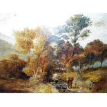 An oil on canvas depicting a woodland scene with mountains in the distance, framed,