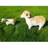 Two resin lifelike sculptures depicting a ram 72 cm (h) and a lamb,