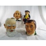 Three character jugs and one Toby jug to include Sylvac character jug of George Bernard Shaw 15 cm