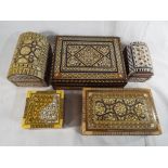 Five hand crafted Egyptian mosaic trinket / jewellery boxes with mother of pearl inlay,