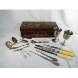 A good quality wooden box with floral decoration containing a quantity of flatware, plated ware,