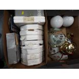 Two boxes containing ceiling light glass shades and a collection of approximately twelve collector