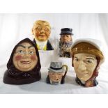 Four character jugs and one Toby jug to include Sylvac character jug of Friar Tuck impressed 5113