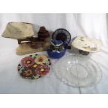 A mixed lot to include enamelled kitchen scales by Lincoln with weights, a Cosy teapot by Burslem,
