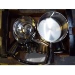 A good mixed lot of stainless steel and metal cookware and serving trays to include large cake