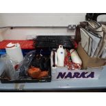 Angling and sailing - two boxes containing a mixed lot to include clothes racks, water barrel,