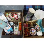 2 boxes of mixed household items to include a selection of vintage tins, Sylvac vase 2333,