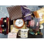 A good mixed lot to include two lady's handbags, a Teachers Whisky water jug,