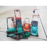 A Bosch lawnmower, two Qualcast lawnmowers, a Flymo lawnmower,