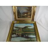 An oil on board depicting a landscape scene, framed under glass,