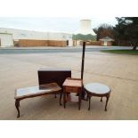 Two coffee tables having cabriole legs, a carved wooden standard lamp,