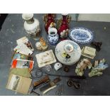 A good mixed lot to include ceramic tableware and vases, a Lurpack butter dish, a carpet beater,